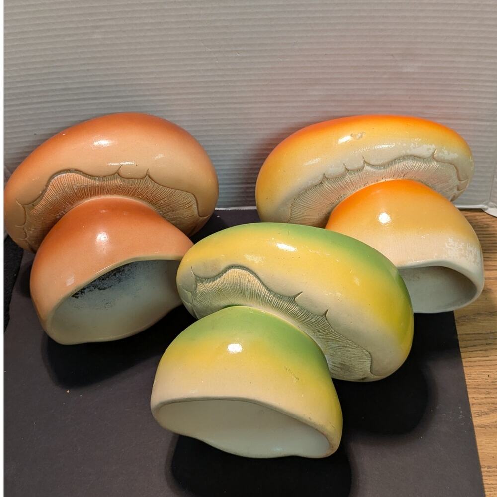3 Mushroom planters bowls VINTAGE C.A.P. 1977 Brown Green Orange